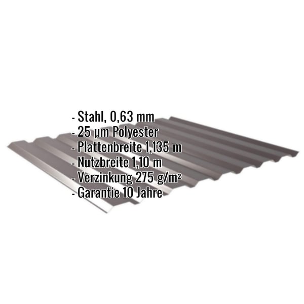 Trapezblech 20/1100 Wand Schokoladenbraun mit eingeblendeten Eckdaten zu Material, Staerke und Garantie