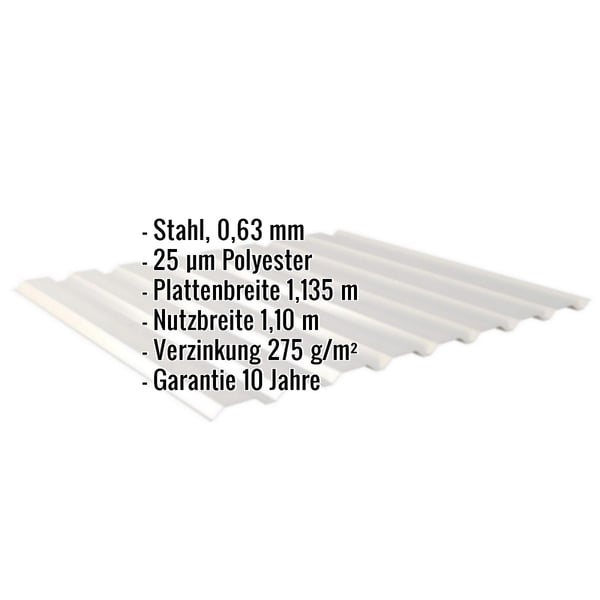 Trapezblech 20/1100, Weißaluminium, 0,63 mm Stahl, mit eingeblendeten Eckdaten