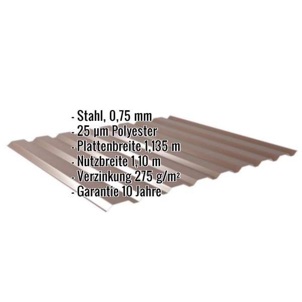 Trapezblech 20/1100 Nussbraun, Stahl 0,75 mm, 25 µm Polyester, mit eingeblendeten Eckdaten