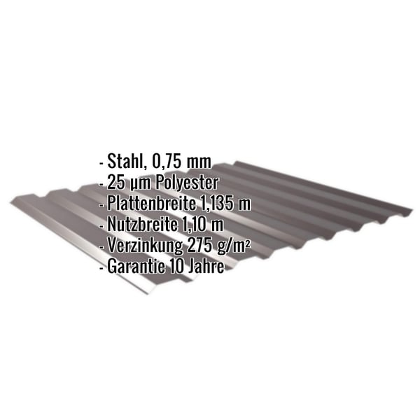 Trapezblech 20/1100 Wand Stahl 0,75 mm Schokoladenbraun mit eingeblendeten Eckdaten