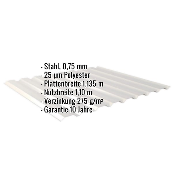 Trapezblech 20/1100 Wand, Weißaluminium, mit eingeblendeten Eckdaten zu Material, Staerke und Beschichtung