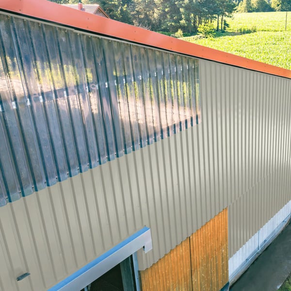 Gewerbehalle mit Trapezblech 20/1100 Wand in Beige und Lichtplatten, Anwendungsbeispiel