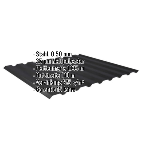 Trapezblech 20/1100, Schwarz, 0,50 mm Stahl, mit eingeblendeten Eckdaten