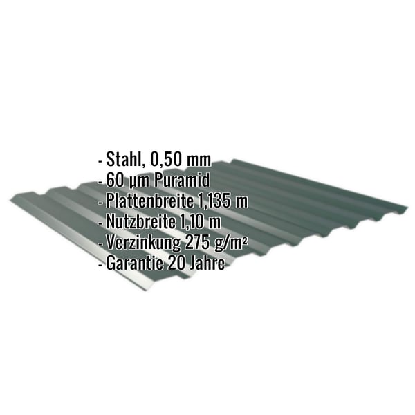 Trapezblech 20/1100 Moosgrün, Stahl 0,50 mm, Puramid 60 µm, mit eingeblendeten Eckdaten