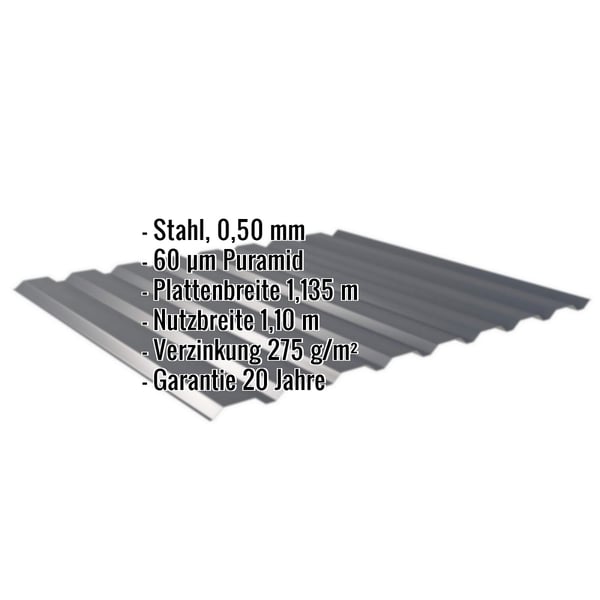 Trapezblech 20/1100 Wand, Anthrazitgrau RAL 7016, mit eingeblendeten technischen Daten