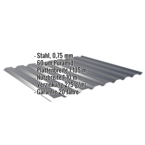 Trapezblech 20/1100, Anthrazitgrau RAL 7016, 0,75 mm Stahl, mit eingeblendeten Eckdaten