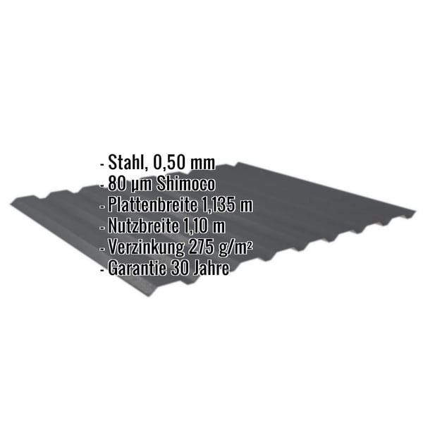Trapezblech 20/1100 Anthrazitgrau, 0,50 mm Stahl, Shimoco 80 µm, mit eingeblendeten Eckdaten