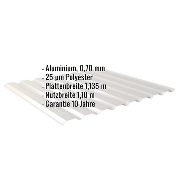 Trapezblech 20/1100 Aluminium RAL 9006, 0,70 mm, Polyesterbeschichtung, mit eingeblendeten Eckdaten