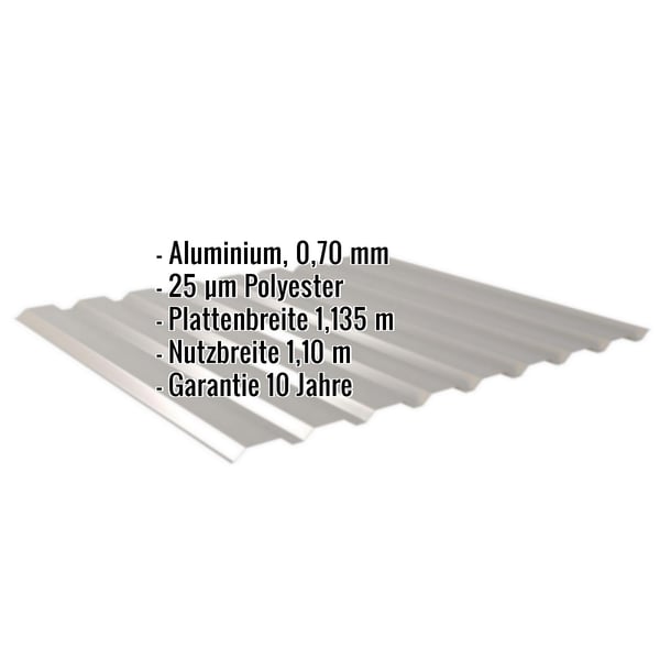 Trapezblech 20/1100 Aluminium 0,70 mm Graualuminium mit eingeblendeten Eckdaten