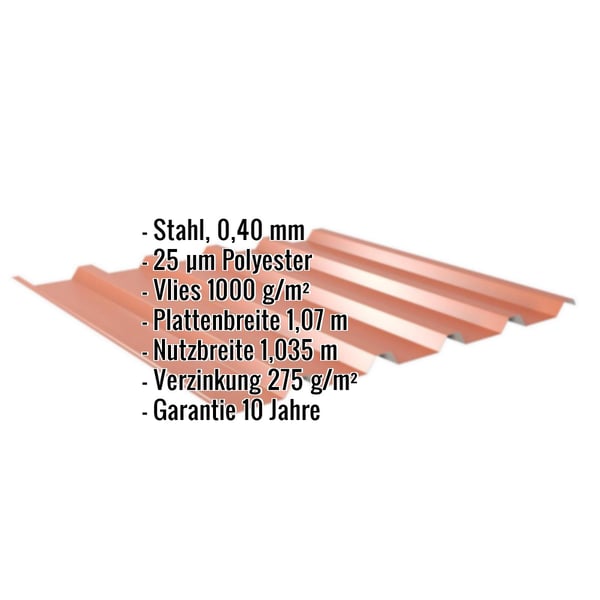 Trapezblech 35/207 kupferbraun mit Anti-Tropf-Vlies, Eckdaten eingeblendet