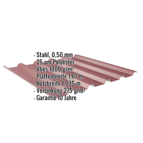 Trapezblech 35/207 weinrot, Stahl 0,50 mm, mit eingeblendeten Eckdaten zu Material, Beschichtung und Massen