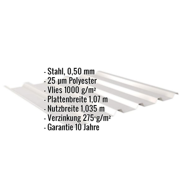 Trapezblech 35/207 Lichtgrau mit Anti-Tropf-Vlies, Eckdaten wie Material, Staerke und Beschichtung eingeblendet