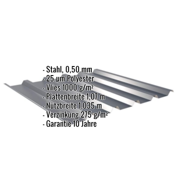 Trapezblech 35/207 anthrazitgrau, 0,50 mm Stahl, mit eingeblendeten Eckdaten