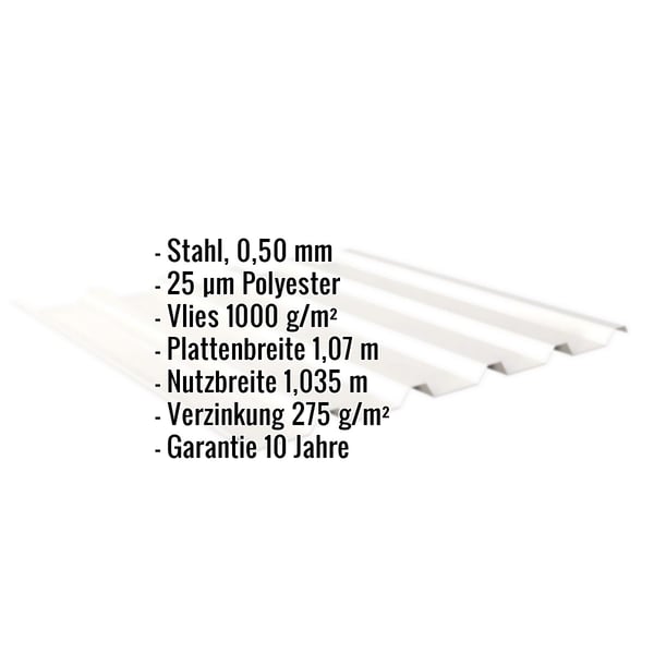 Trapezblech 35/207 Reinweiß mit eingeblendeten Eckdaten zu Material, Beschichtung und Garantie