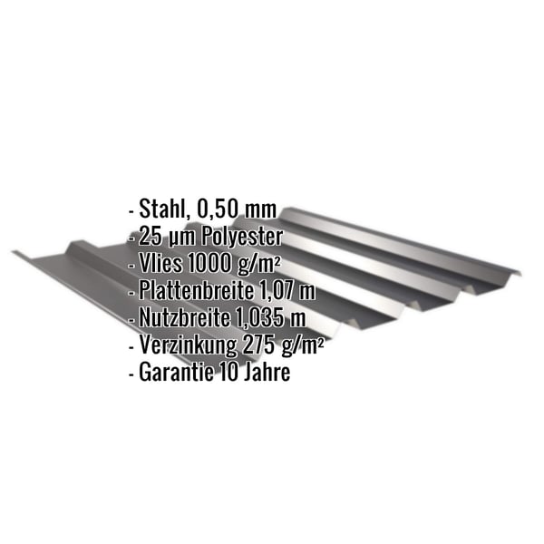Trapezblech 35/207 Tiefschwarz mit Anti-Tropf Vlies und eingeblendeten Eckdaten zu Material und Massen