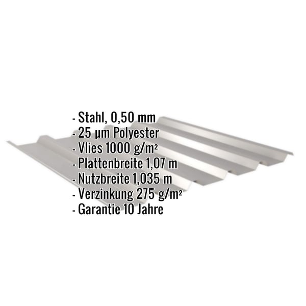 Trapezblech 35/207 Graualuminium mit eingeblendeten technischen Daten und Garantiehinweis