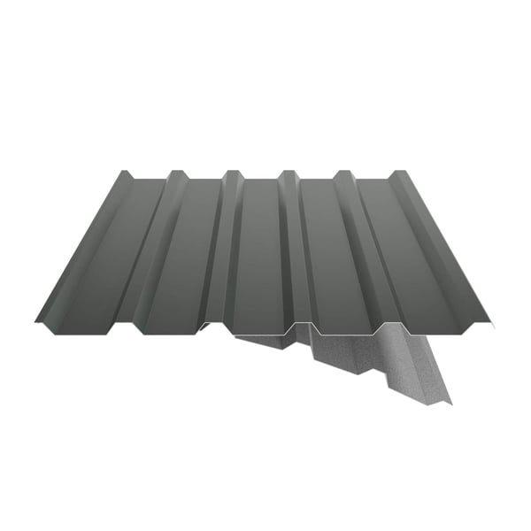 Trapezblech 35/207 Stahl, 0,63 mm, Chromoxidgrün mit teilweisem Schnitt des Anti-Tropf-Vlieses