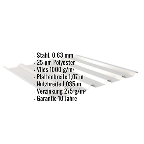 Trapezblech 35/207, Weißaluminium, mit eingeblendeten Eckdaten zu Material, Staerke, Beschichtung und Garantie
