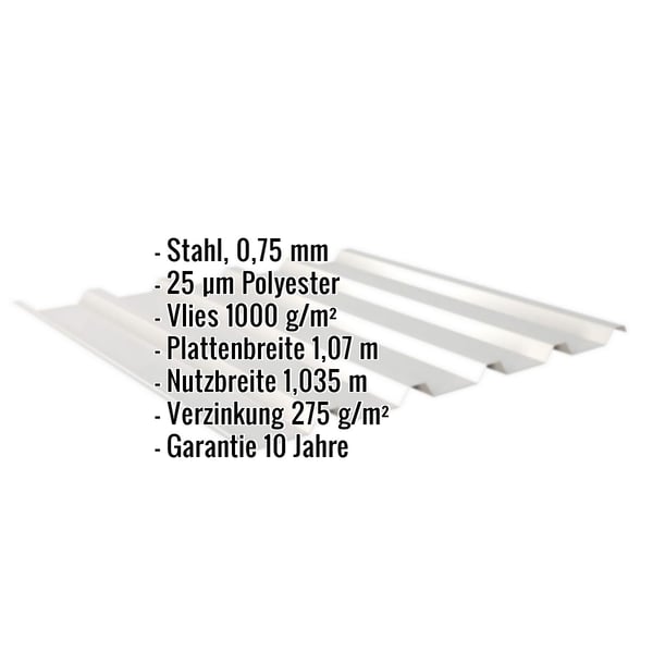 Trapezblech 35/207 Dach Weißaluminium mit Anti-Tropf Vlies, technische Daten eingeblendet