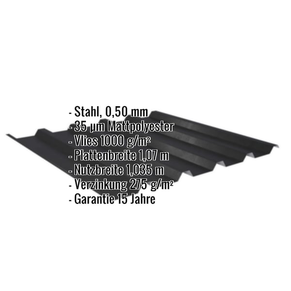 Trapezblech 35/207 schwarz mit Anti-Tropf Vlies, Eckdaten wie Material, Stärke und Beschichtung eingeblendet