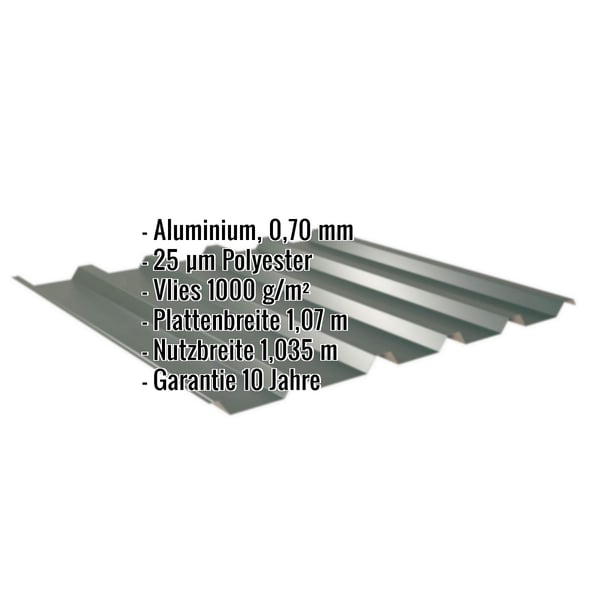 Trapezblech 35/207 Aluminium 0,70 mm Moosgrün mit eingeblendeten Eckdaten zu Material, Beschichtung, Breite und Garantie