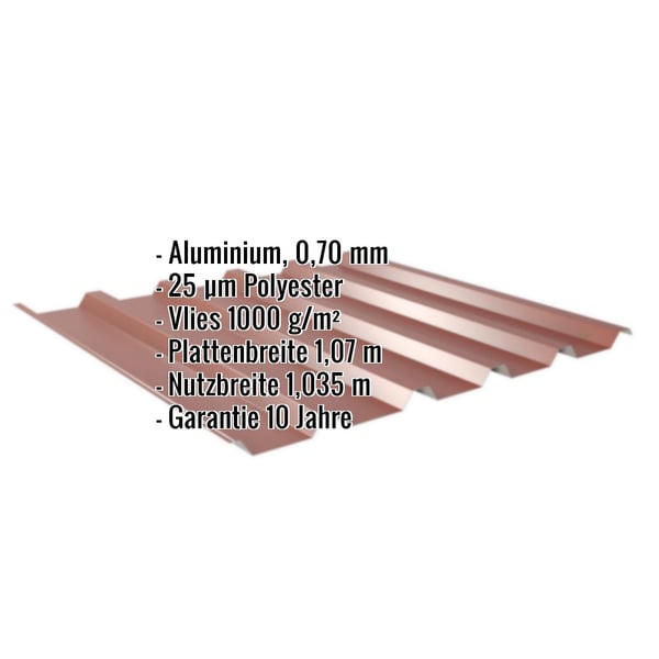 Trapezblech 35/207 Aluminium rotbraun mit eingeblendeten Eckdaten zu Material, Beschichtung und Massen