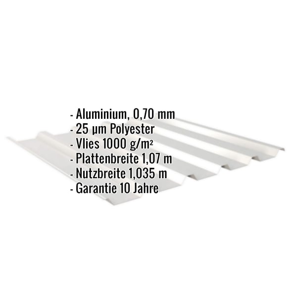 Trapezblech 35/207 Aluminium Weißaluminium RAL 9006 mit eingeblendeten Eckdaten zu Material, Stärke, Beschichtung und Maßen