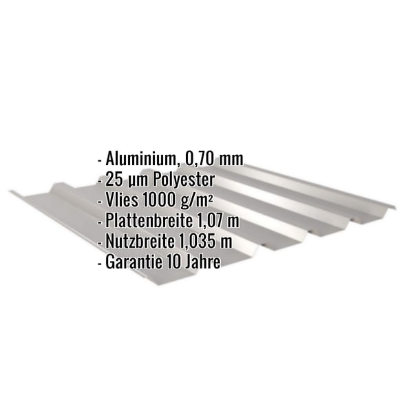 Trapezblech 35/207 Aluminium Graualuminium mit eingeblendeten Eckdaten zu Material, Staerke und Massen