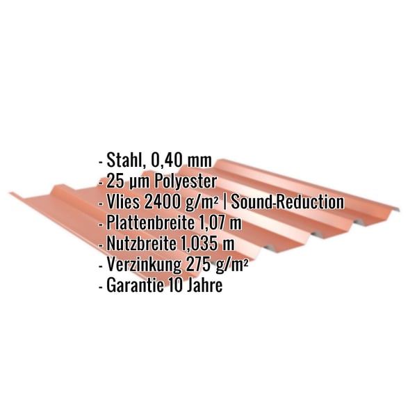 Trapezblech 35/207 kupferbraun, Stahl 0,40 mm, mit eingeblendeten Eckdaten zu Material und Massen