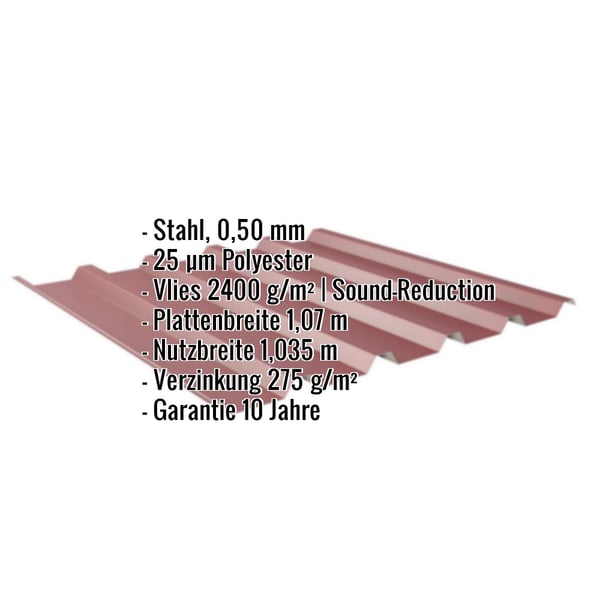 Trapezblech 35/207 weinrot, Stahl 0,50 mm, mit eingeblendeten Eckdaten zu Material, Beschichtung und Massen