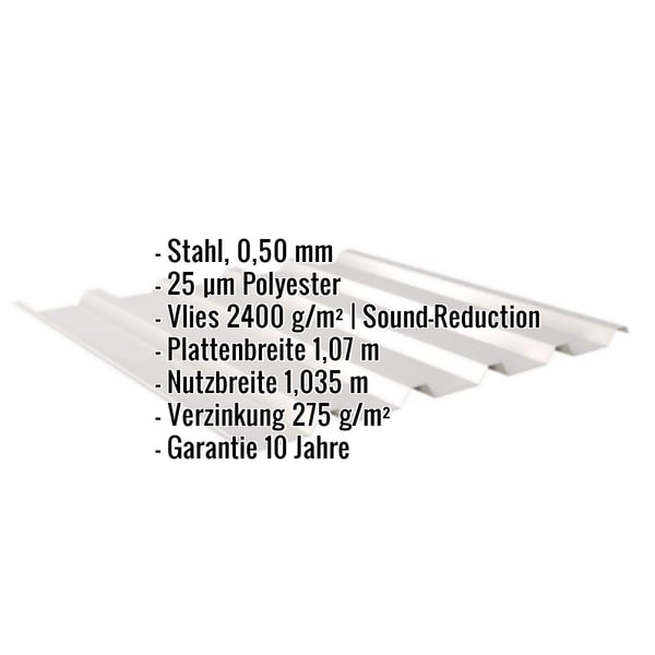 Trapezblech 35/207 Lichtgrau RAL 7035, Infografik mit Eckdaten zu Material, Beschichtung und Massen