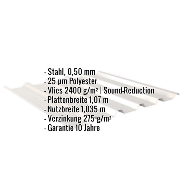 Trapezblech 35/207 Grauweiß mit eingeblendeten technischen Daten und Vliesbeschichtung