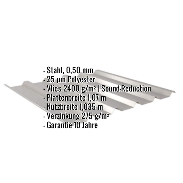 Trapezblech 35/207 Graualuminium mit eingeblendeten Eckdaten zu Material, Stärke, Beschichtung und Maßen