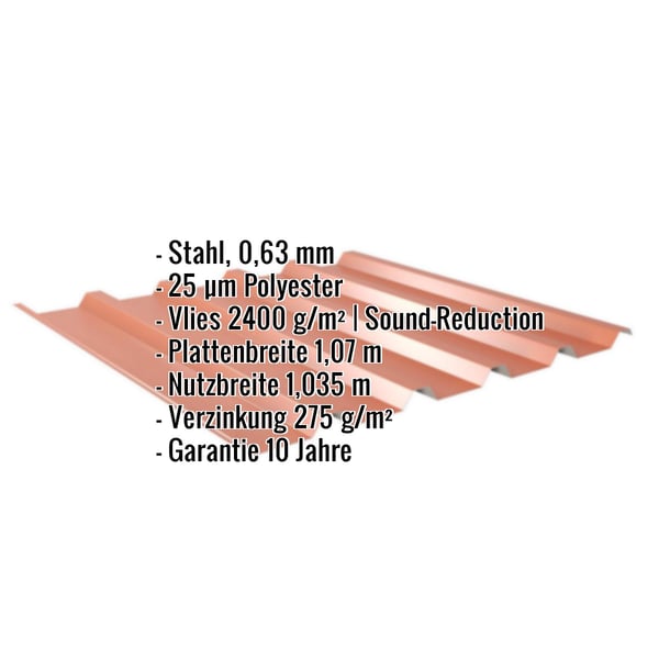 Trapezblech 35/207 Kupferbraun mit Anti-Tropf-Vlies, Eckdaten wie Material, Stärke, Beschichtung eingeblendet