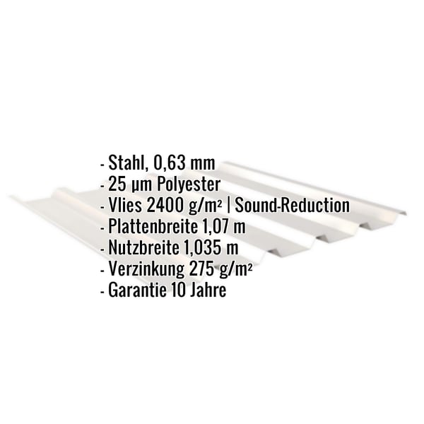 Trapezblech 35/207, Stahl 0,63 mm, Grauweiß RAL 9002, mit eingeblendeten technischen Daten