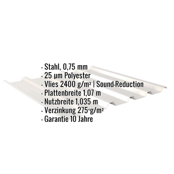 Trapezblech 35/207 Grauweiß mit eingeblendeten technischen Daten Stahl, 0,75 mm, 25 µm Polyester, Vlies 2400 g/m²,