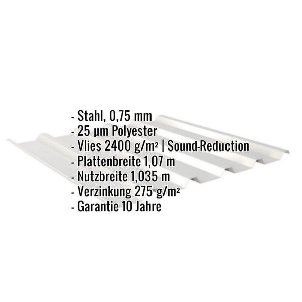 Trapezblech 35/207, Weißaluminium RAL 9006, mit eingeblendeten technischen Daten und Eigenschaften