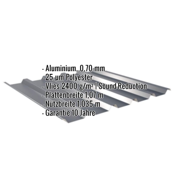 Trapezblech 35/207 Aluminium Anthrazitgrau mit eingeblendeten Eckdaten und Garantiehinweis