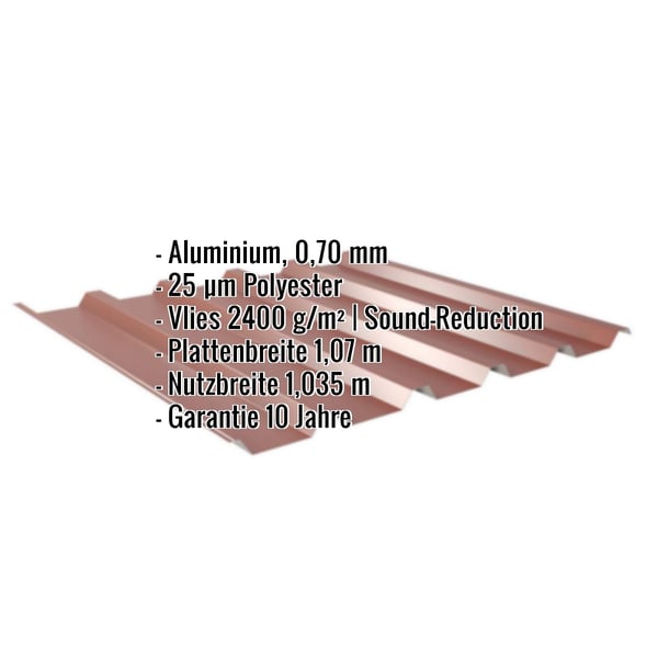 Trapezblech 35/207 Aluminium 0,70 mm Rotbraun mit eingeblendeten Eckdaten zu Material, Beschichtung und Massen
