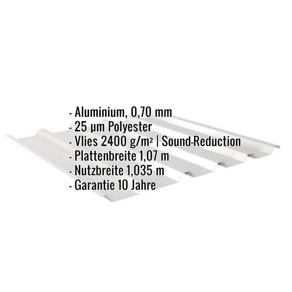 Trapezblech 35/207 Aluminium Weißaluminium mit eingeblendeten Eckdaten zu Material, Beschichtung und Massen