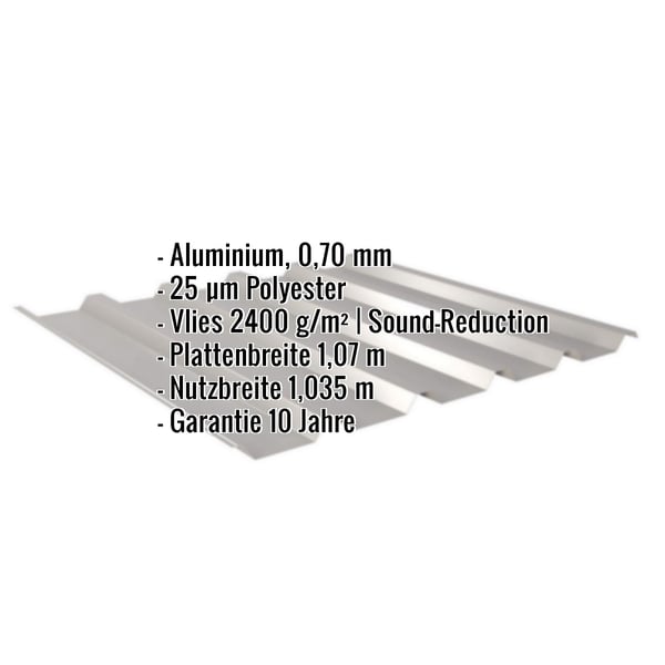 Trapezblech 35/207 Aluminium, 0,70 mm, Graualuminium RAL 9007, mit eingeblendeten Eckdaten und Garantiehinweis