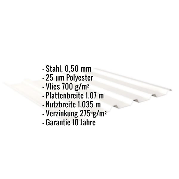 Trapezblech 35/207 Reinweiß (RAL 9010) mit eingeblendeten Eckdaten zu Material, Stärke und Beschichtung