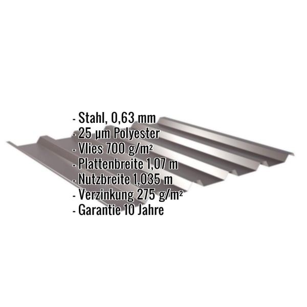 Trapezblech 35/207 schokoladenbraun, Stahl 0,63 mm, mit eingeblendeten Eckdaten und Vliesbeschichtung