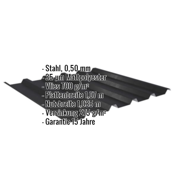 Trapezblech 35/207, Schwarz, Stahl 0,50 mm, Mattpolyester, mit eingeblendeten Eckdaten