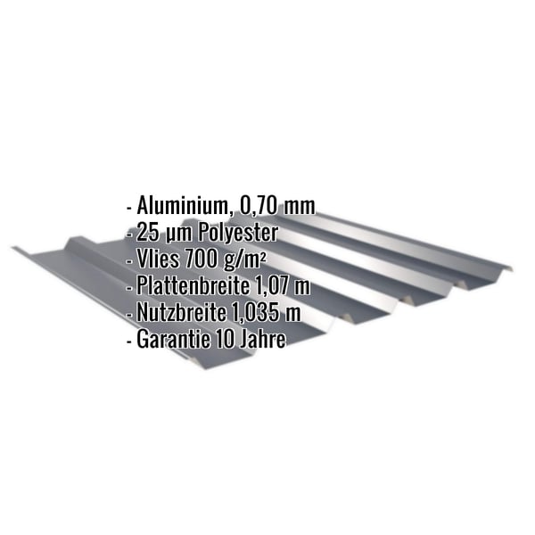 Trapezblech 35/207 Aluminium Anthrazitgrau mit eingeblendeten Eckdaten zu Material, Staerke und Garantie