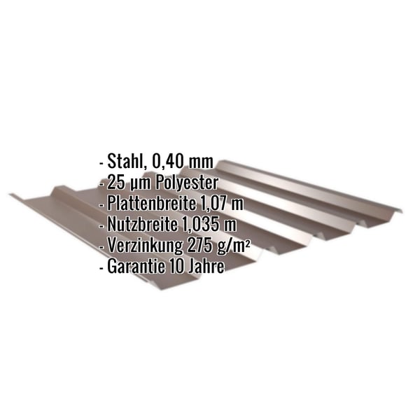 Trapezblech 35/207 in Sepiabraun, 0,40 mm Stahl, mit eingeblendeten Eckdaten zu Material, Beschichtung und Massen