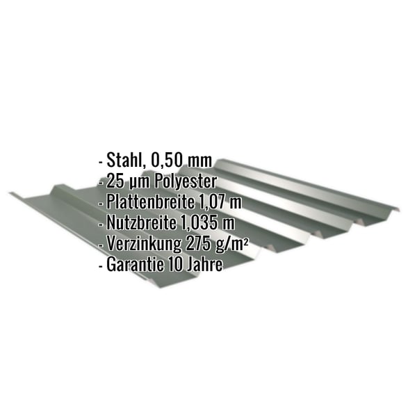 Trapezblech 35/207 Chromoxidgrün, 0,50 mm Stahl, mit eingeblendeten Eckdaten zu Material, Stärke und Garantie
