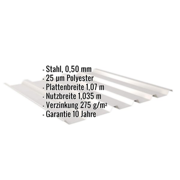 Trapezblech 35/207 Lichtgrau mit eingeblendeten Eckdaten zu Material, Staerke und Beschichtung