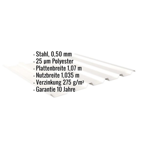 Trapezblech 35/207 Reinweiß mit eingeblendeten technischen Daten und Garantiehinweis