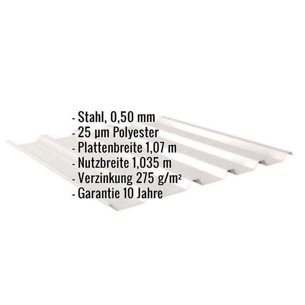Trapezblech 35/207, Grauweiß, 0,50 mm Stahl, mit eingeblendeten Eckdaten und Garantiehinweis